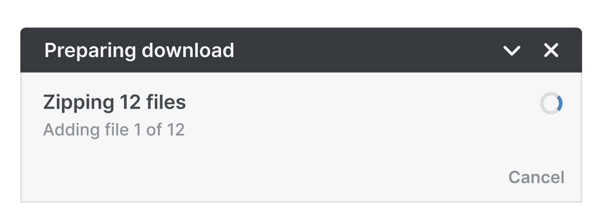 A “Preparing download” progress window reading “Zipping 12 files — Adding file 1 of 12” with a spinner and a Cancel link.